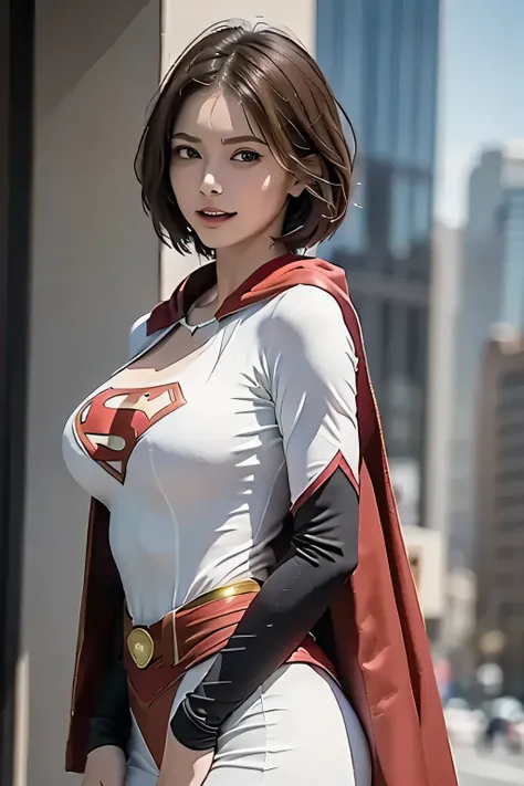   ( features a superman costume with full sleeves and attention to detail),  Feminine physique that covers the whole body , 1 Beauty, (Big Breasts), (Waist), High quality rendering,    features skyscrapers and detailed backgrounds  ,     Vivid Color Style ...