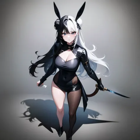 Best image quality, masterpiece level, Ultra-high resolution, realism, fantasy theme, arms, facial details, A girl with bunny ears, single, Bun with bunny ear hair accessories, 8K, masterpiece, full body image, top angle, sexy beautiful assassin holding a ...