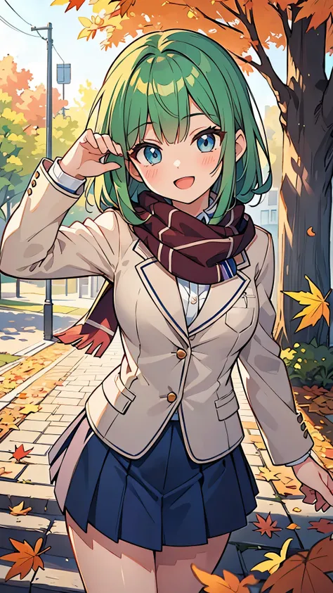 ((A Pretty High school girl wearing the blazer uniform)), ((A woolen scarf around her neck)), Baby face, ((top-quality, master piece, ultra-definition, high resolution)), anime girl, ((ultra-detailed illust:1.2)), 1 girl, bangs, hair between eye, green hai...