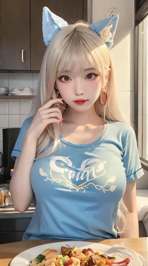 Ultra-detailed、Hanfu Chinese female celebrity wearing a tight blue pajama shirt, gold crystal earrings, dreamy, red lips, long silky white hair, perfect swept bangs, attractive beauty、long black eyelashes, seductive young skinny woman、pretty thin woman、pie...