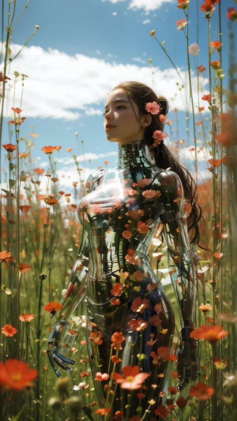 1 girl, long hair flowing, pink flowers all around, epic sky, outdoor, clouds, solo, tall grass, field, black hair, standing, bl...