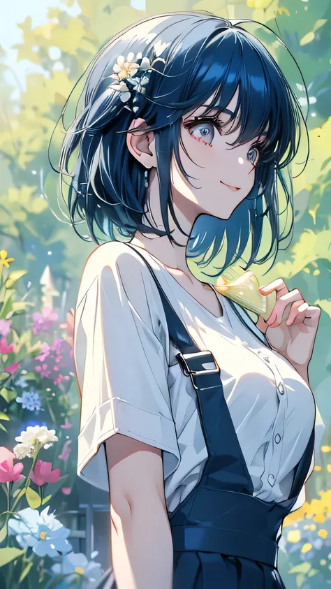 Beautiful girl giving water to flowers, blue hair, short hair, loose, fluffy bob, white shirt, overalls, garden with flower beds, kind smiling little birds gather 