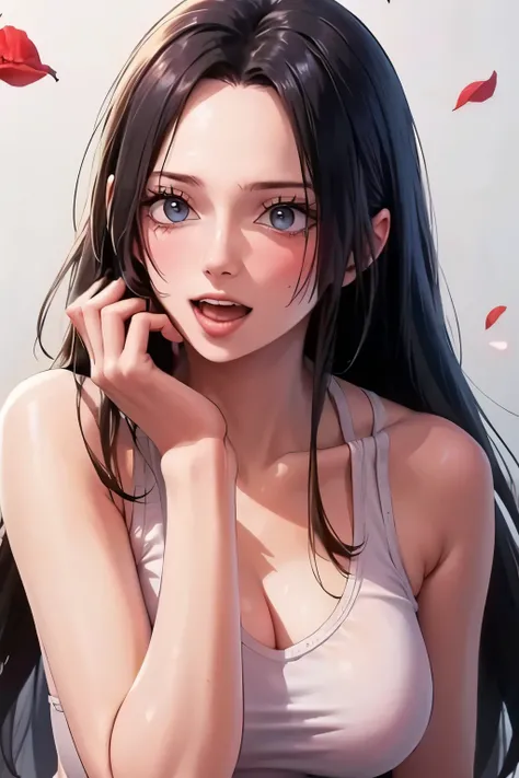 best quality, Masterpiece, Highly detailed,1 girl, ((rose)), (vine), cage, bandage, Red Rope, (detailed lighting), falling rose petals, Boa Hancock, (no:1.5), (Masterpiece:1.5), Detailed photos, smile, sexy, (8K, realistic, best quality: 1.4), (1 girl), be...