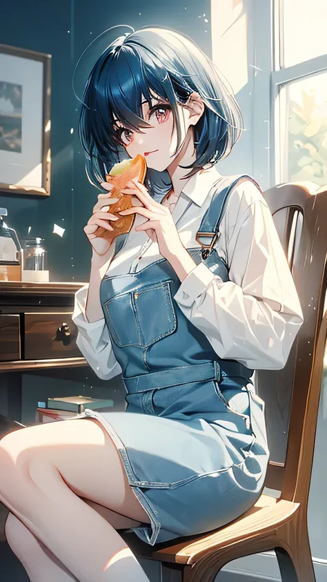 Beautiful girl eating sandwiches, blue haired, short hair, loose, fluffy bob, white shirt, overalls, the rising sun shines in the living room, round table, puppy sitting on a chair leaning against her feet and eating 