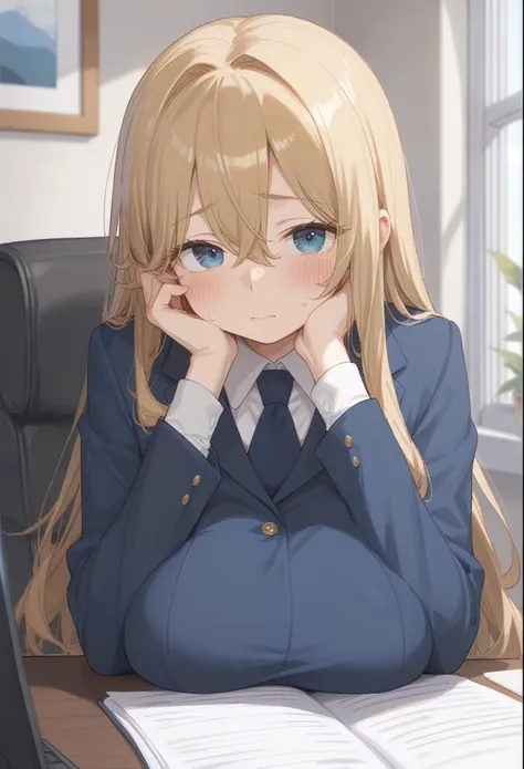 ((Best Quality)), ((masterpiece)), ( Details), 1girl, Alone, cute, loli, really huge breasts, accurate wearing business suit, slicked back hair, straight hair, long hair, blush, shy, look for viewer, bangs between eyes, sagging breasts, modern office