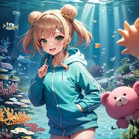 The artwork features a solo girl with whimsical pink hair styled in double buns, adorned with small, shimmering seashell clips. She is wearing a soft, hooded jacket in flowing, oceanic colors, with the hood down, giving her a relaxed and adventurous look. ...