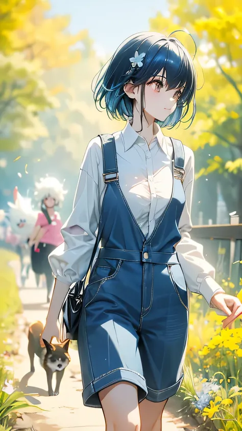 Beautiful girl going out for a dog walk, blue haired, short hair, loose, fluffy bob, white shirt, overalls, flower hair ornaments, 2 Shiba Inus, puppies running energetically on a park path with beautiful fall leaves 