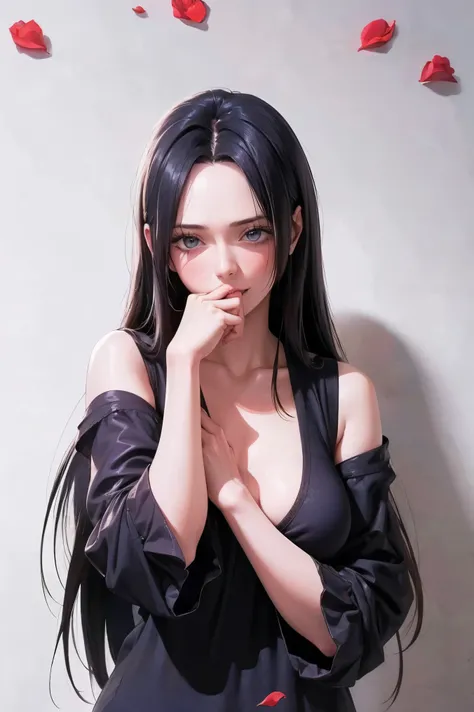 best quality, Masterpiece, Highly detailed,1 girl, ((rose)), (vine), cage, bandage, Red Rope, (detailed lighting), falling rose petals, Boa Hancock, (no:1.5), (Masterpiece:1.5), Detailed photos, smile, sexy, (8K, realistic, best quality: 1.4), (1 girl), be...
