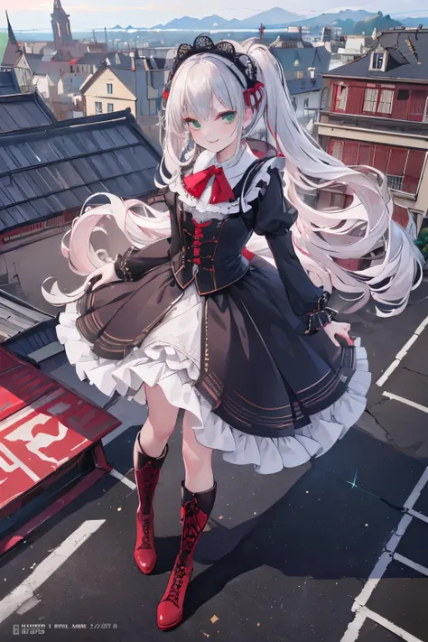 (((Top quality ultra detailed,Unity 8K))),Twin Drilling , Emerald Eyes ,Pose,blazers:1.1 ( gothic lolita:1.2),, short bang, lace up boots,  silver hair，Insanely long hair ,knife,lick，Red lips, Look Down, ((Stand on the roof of a :1.3)), Look Down, fearless...