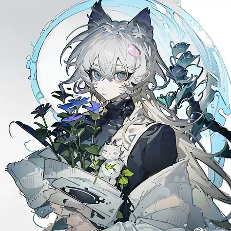 anime girl with long hair and big eyes holding a bouquet, white cat girl, beautiful anime catgirl, very beautiful anime cat girl...