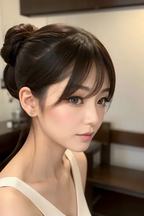  the hairstyle is a ponytail 、 eyes with makeup and long, long lashes、Beautiful Japanese woman around 30 years old 