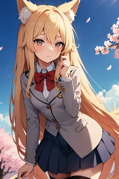 A beautiful anime-style girl with long, flowing blonde hair and fox ears, wearing a school uniform with a light gray blazer and a red bow tie. She has a thoughtful and gentle expression, with golden-brown eyes, soft blush on her cheeks, and stands against ...