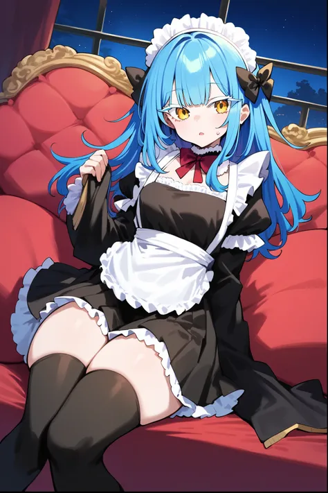 score_9, score_8_up, score_7_up, score_6_up, tsepmet_urumir_xl, rimuru tempest, fur collar, long hair, blue hair, yellow eyes,
pillow, thighhighs, open mouth, maid, rating:questionable, maid headdress, solo,black legwear, hair between eyes, black footwear,...