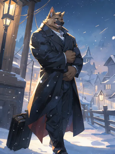 German Shepherd, human nature, male, Solitary, ((Muscular body, Bara, Handsome)), Muscular body, (high quality, high resolution, masterpiece), (Dynamic Lighting, Vibrant colors), (Generous smile), cartoon, by zixiong, By Chunni, snow days, black long coat,...