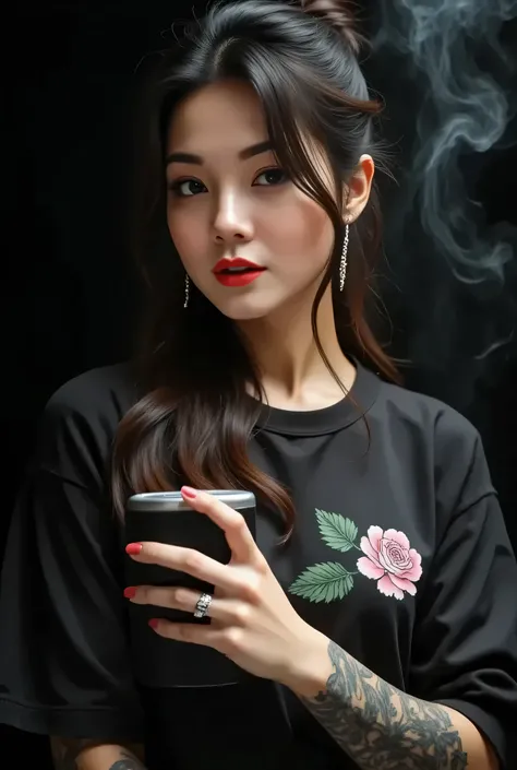 amira is cute tanned japanese woman, amorous and lewd face, messy wavy long brown hair, forehead, make-up, grey eyes, superlative body proportion, hoop earring, nose pierce, covered in tattoos, wearing black loose shirt, like k-pop star, she looked flirtat...