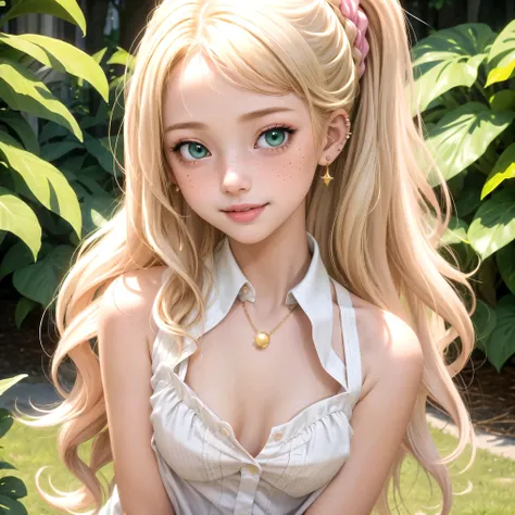 (masterpiece, best quality), 1girl, solo, face, parted lips, looking at viewer, light blush, light smile, pendant, ear piercing, long eyelashes, blonde hair, long wavy hair, high ponytail, asymmetrical bangs, green eyes, freckles, pale skin, outdoors, park...