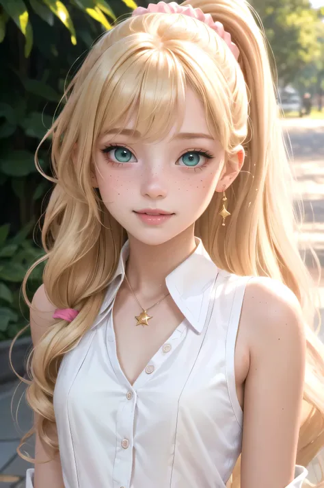 (masterpiece, best quality), 1girl, solo, face, parted lips, looking at viewer, light blush, light smile, pendant, ear piercing, long eyelashes, blonde hair, long wavy hair, high ponytail, asymmetrical bangs, green eyes, freckles, pale skin, outdoors, park...