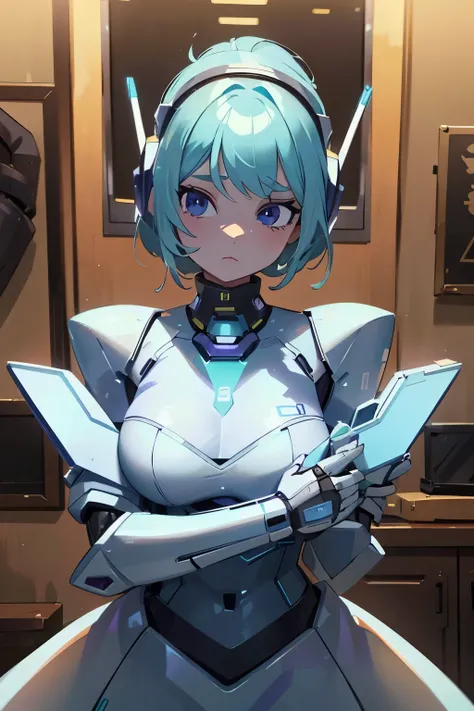 a sexy elite girl, beautiful, tall, wavy light blue hair, short cut, short forehead, her soft green eye, purple eyelashes, she wears a robotic metallic top, a military ship's aerial suit and pants, a gray military aerial suit's armor, black gloves...
