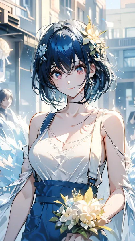 Pretty Flower Shop Girl, Blue Haired, Short Hair, Loose, Fluffy Bob, White T Shirt, Overalls, Flower Hair Ornaments, A Gentle Smile Holding a Bouquet, Flower Shop with Lots of Flowers Blooming 