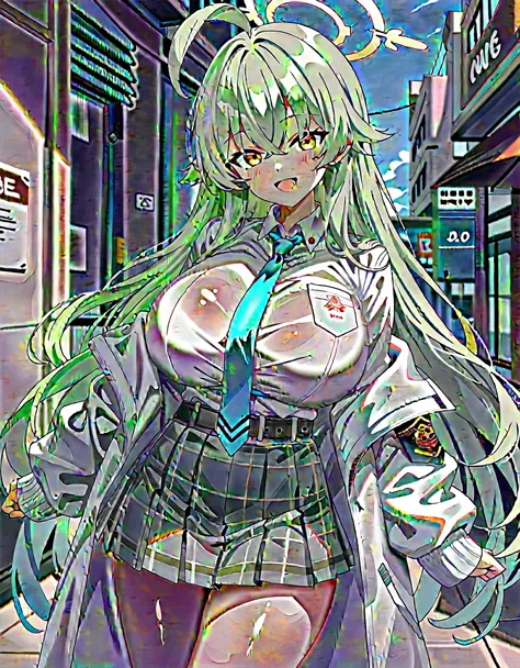 Masterpiece, hd, 2d, best quality, Hoshino, blue archive,halo, shiny gold halo over heads, long hair, green hair, ahoge, yellow eyes, smile, opened mouth, huge breasts, wearing white collared shirt, wearing gray plaid skirt, wearing gray belt, cyan necktie...