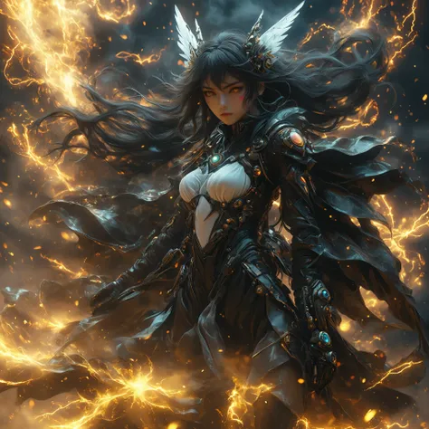 Masamune Shirow Style、polygon、Neon Signs、In the fog、magnetic field、antagonism、Angels and Demons、Godley、(base)、woman、Photorealistic、wilderness、grassland、Double Exposure、(iron:1.1).Ambient、Detailed face、whole body、Colored Hair、Cyril Laurent Style、black、volca...