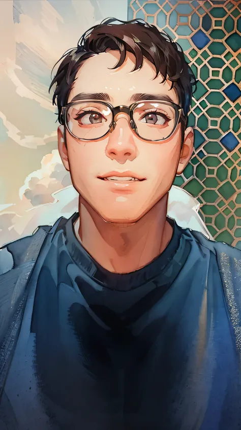 there is a man wearing glasses and a blue shirt, headshot profile picture, around 1 , 18 years old, 2 , 21 years old, 2 , with no beard, frontal picture, 2 , 1 , 2 , clean shaven wide face, (Masterpiece), (best detail), (Best quality), (((aquarelle))), Wat...