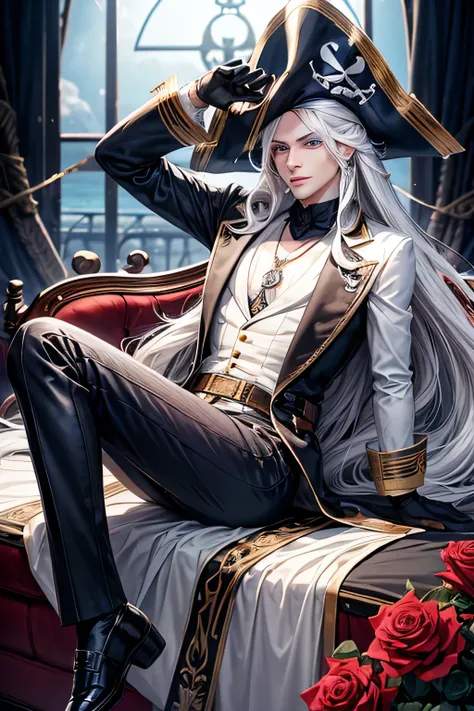 One male,  long white hair , blue eyes, with rose lips. He has dark blue eyes. He has a pirate 3 piece suit. Dress shoes and gloves, pirate hat, exposed chest , wearing a pendant, 