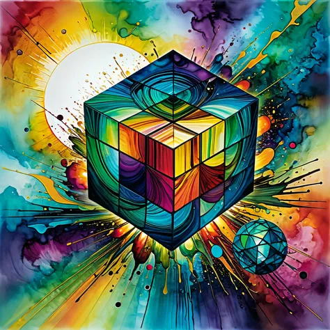 (The art of alcohol ink), the painting is painted with alcohol ink on textured paper and depicts a beautiful chaos of lines and arcs and splines with a lone ((3d cube in the center)), ((the 3d cube in the center of the image stands out in volume)) among the flat geometric chaos of various colored lines of arcs and curved stripes, the 3d cube is divided into multicolored sectors, in the background a rainbow sky and a bright sun from geometric chaos, beautiful clouds are highlighted in different colors, the painting is made with alcohol ink, the work of a master, clear contours, 32k