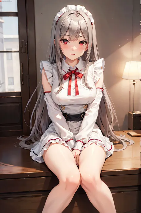 adult woman laughing, Alone, sexy,8K resolution,((Best Quality)), super high definition, (Sad face), (Red eyes), Beautiful Symmetrical Face , ( silvery long hair), maid clothes, Miniskirt,Maid Cufflinks,Realistic:1.4,Realistic:1.4,(masterpiece:1.2), per...