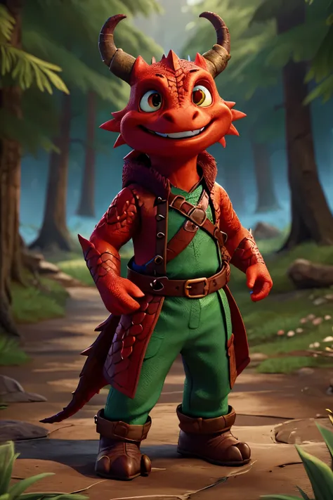 dragonborn (DnD), red scaly skin, dragon horns, grinning (smiling), forest (nature background, scenic), clothed (tunic, collar, pants), sword (sheathed on back), soft, (chilloutMix)