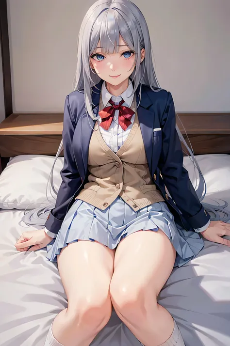  adult woman laughing, Alone,  sexy,8K resolution,((Best Quality)), super high definition, ( Teasing Smile), ( blue eyes),  Beautiful Symmetrical Face , ( silvery long hair), blazer uniform, Miniskirt, cardigan with front closure,Realistic:1.4,Realistic:1....