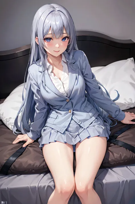  adult woman laughing, Alone,  sexy,8K resolution,((Best Quality)), super high definition, ( Teasing Smile), ( blue eyes),  Beautiful Symmetrical Face , ( silvery long hair), blazer uniform, Miniskirt, cardigan with front closure,Realistic:1.4,Realistic:1....