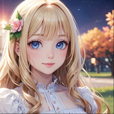 Best Quality、   high resolution on-down ，8k、  white skin、(Face and eye details:1.2)、  1 girl、smile、Big adorable eyes  、   very delicate and beautiful girl、Light Blonde、  long wavy hair 、  blue eyes、nose、(The exterior has changed a bit)、(( Very beautiful))、...