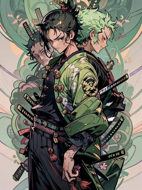  Roronoa Zoro,2 people,女になった Roronoa Zoro, anime "(One peace",) ,With a sword,  and look at the audience,  short hair,  Long Sleeve ,  Green Pirate Suit Jacket,  Partes Superior Do Colpo , Arma, Feminine focus, Japanese clothing,  black cock, , Wave, Aside...