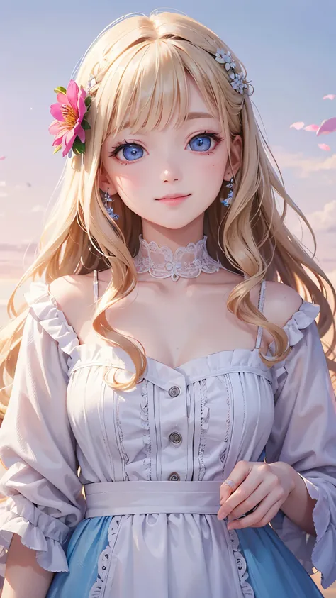 Best Quality、 high resolution on down、19K、 white skin、(Face and eye details:1.2)、 1 girl、smile、Big adorable eyes 、 Very Delicate Beautiful Girl 、Light Blonde、 long wavy hair、 blue eyes、nose、(A little ish in appearance)、(( very beautiful))、(Freckles:0.7)、cu...