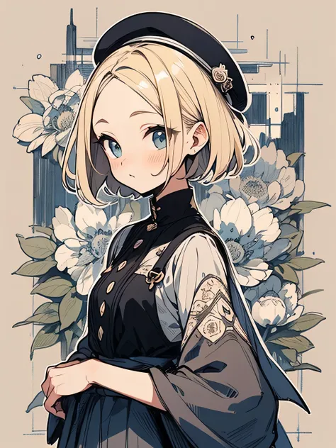 solo, upperbody, big forehead, blonde very short pixiecut, British beret, British lady full cover peonies pattern:1.3 design gray dress, geometric design pattern black line dress, ((Retro London fashion)), British cityscape, (manga style), (sketch),(illust...