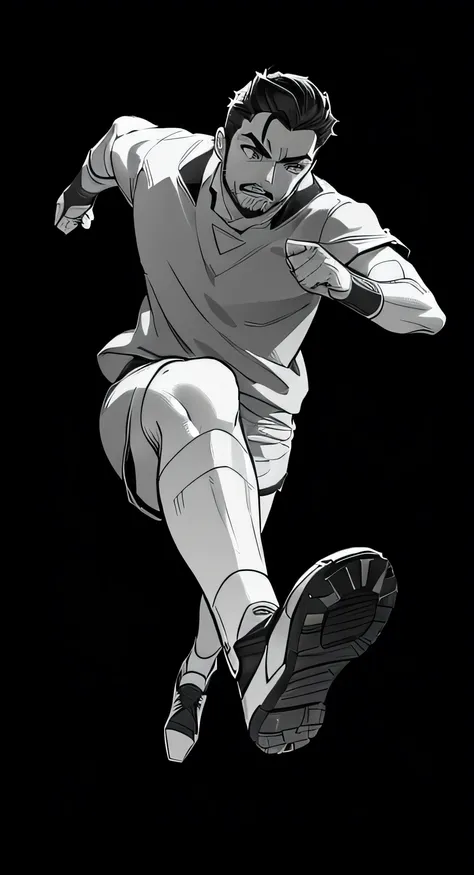 A heroic soccer player, young athlete, wearing soccer uniform, shorts, wearing soccer shoes, face like young Tony Stark, Aragorn, stubble, handsome character design, holding a futuristic ball, anime film style, highly detailed, inked style, detailed inks, ...
