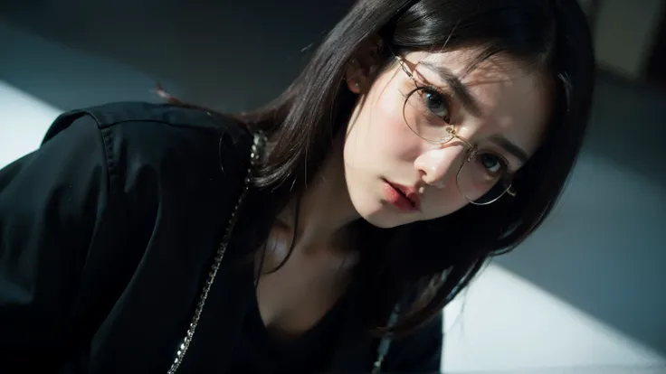  beautiful woman with only lenses and glasses、Cold look、A cold look that looks down、 looks bad、Black clothes、Shibuya、Overall blue and dark image