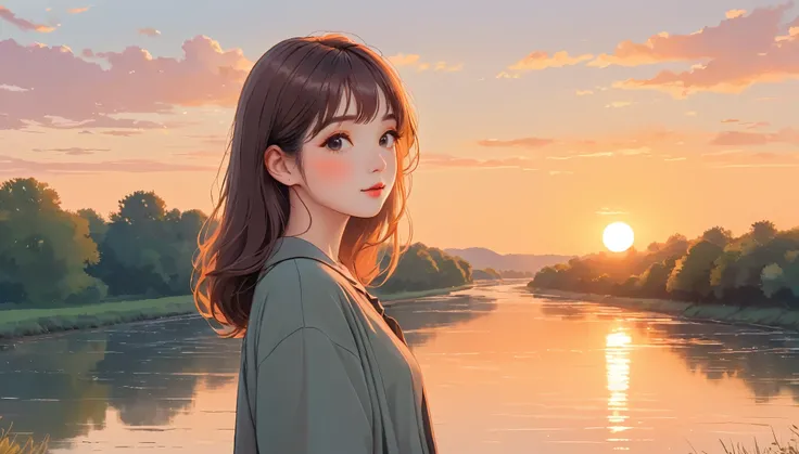 a woman standing, lofi girl, lofi portrait, view to camera, sunset, beautiful drawing style, lofi artstyle, lofi art, realistic cute girl painting, lofi girl aesthetic, taking a picture, realistic art style, realistic artstyle, illustration style, standing...