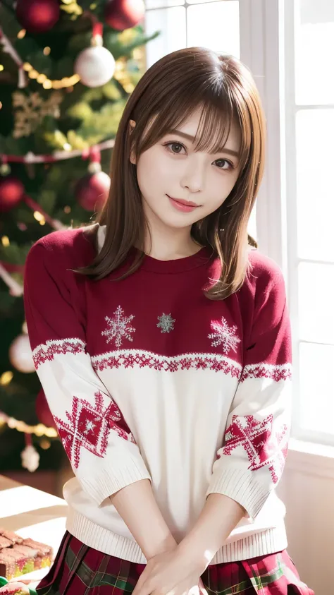 8k high definition quality、Christmas decorated room、Christmas Sweaters, Cute Sweater、 pleated mini skirt with open white v-cut、Christmas cake displayed on the table 、glamorous and cute high school girl、