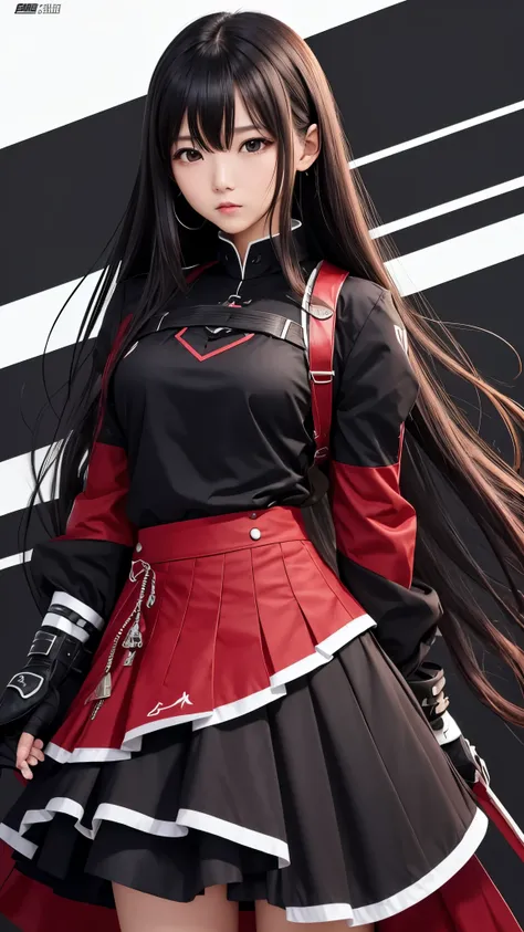 woman、Mid-chest、black髪重めバング、blackい瞳、 Combat Uniforms、skirt、white、black、red、