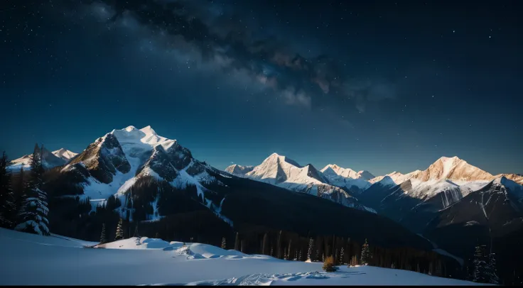 a beautiful moonlit mountain landscape, snow-capped mountains, night sky, full moon, starry sky, serene, tranquil, atmospheric, ...