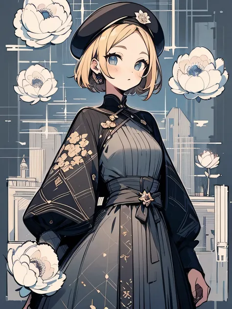 solo, upperbody, big forehead, blonde very long pixiecut, British beret, British lady full cover peonies pattern:1.3 design gray dress, geometric design pattern black line dress, ((Retro London fashion)), British cityscape, (manga style), (sketch),(illustr...