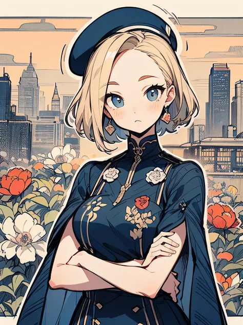 solo, upperbody, big forehead, blonde very long pixiecut, British beret, British lady full cover peonies pattern:1.3 design gray dress, geometric design pattern black line dress, ((Retro London fashion)), British cityscape, (manga style), (sketch),(illustr...