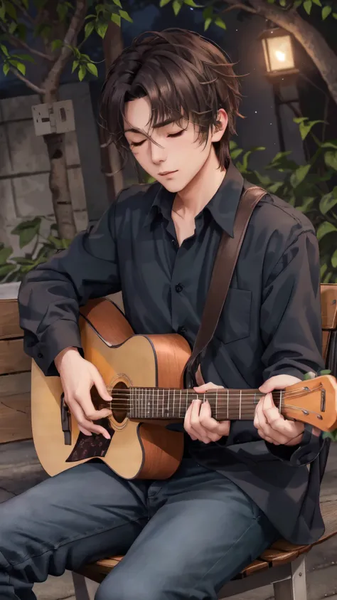 A young handsome guitarist man sits on a park bench under a night sky, illuminated by the soft glow of street lamps. He is playing an acoustic guitar, his eyes closed in concentration. The full moon casts a gentle light, giving the scene a serene and ether...