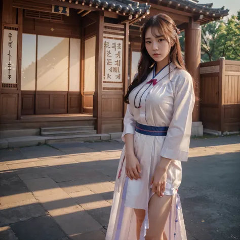  1Young beautiful South Korean girl ,  Kyongbok Palace scenery background , Beautiful eyes, Sexy figure, Thick shirt, Wear a Hanbok dress, (Best quality 4k, 8K high resolution masterpiece: 1.2)  super detailed  ( Realistic Realistic Realistic Realistic : 1...