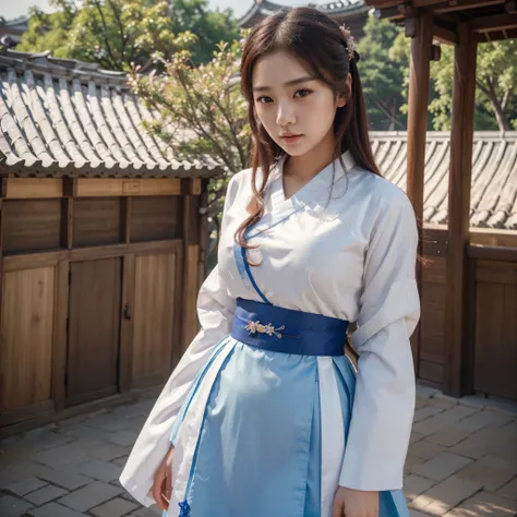  1Young beautiful South Korean girl ,  Kyongbok Palace scenery background , Beautiful eyes, Sexy figure, Thick shirt, Wear a Hanbok dress, (Best quality 4k, 8K high resolution masterpiece: 1.2)  super detailed  ( Realistic Realistic Realistic Realistic : 1...