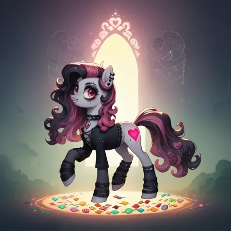 score_9,score_8_up,score_7_up,score_6_up, cute Zombie pony, Goth fashion, glowing backlight, candy, pink scene, glitter, whimsical, enchanted, magical, fantasy art concept, intricate details,