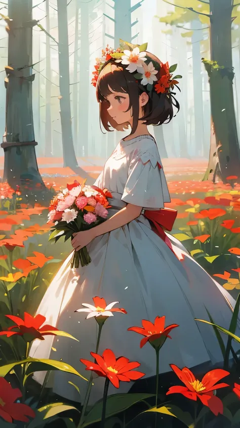 There is a  wearing a red and white dress and holding a bouquet of flowers.,  Girl in Flowers, Im picking flowers , Holding flowers, Picking flowers, Girl standing in a flower field, Girl standing in a flower field,  flowers blooming on the heirs cheeks, G...