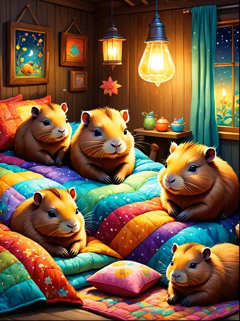 cuteAn illustrationカピバラの家,Capybara family:animal:hibernating:cute:Nestle:sleep:comfortable and warm:looks happy,An illustration,pop,Colorful,draw with thick lines,color,dim,Lamp light,The Capybara family from Hibernating is sleeping:dream happy dreams,The ...